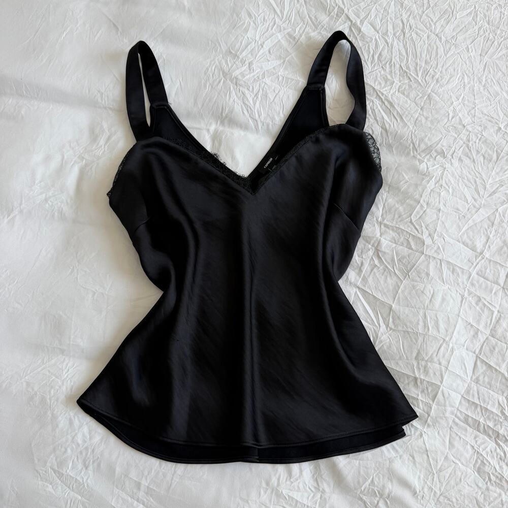 Express Black Lace Trim Camisole Tank Top Satin Effect Size S